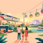 Ilustração de uma família entre monorail, teleférico, ônibus e barco em um cenário de parques.