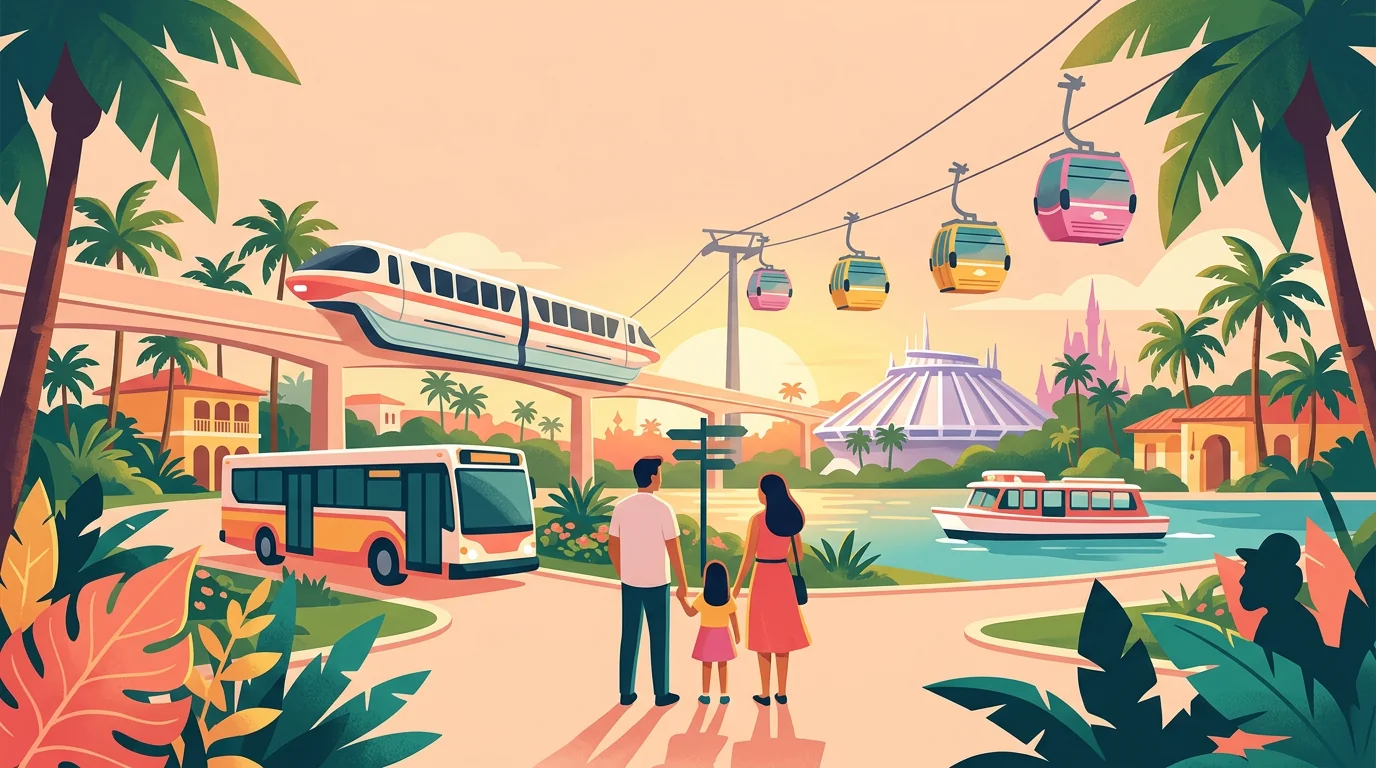 Ilustração de uma família entre monorail, teleférico, ônibus e barco em um cenário de parques.