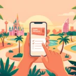 Ilustração de um celular com planejamento de viagem diante de um cenário tropical de parque.