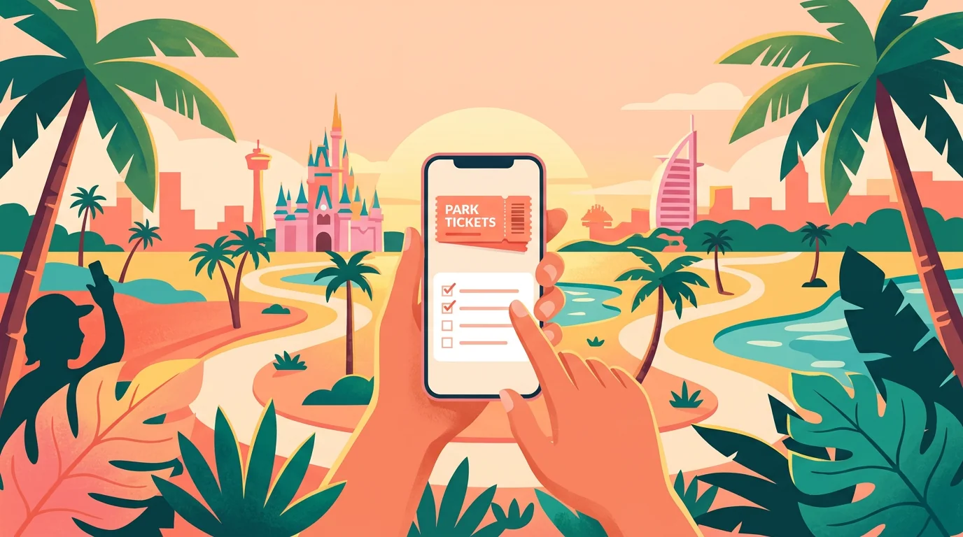 Ilustração de um celular com planejamento de viagem diante de um cenário tropical de parque.
