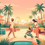 Ilustração de dois adultos com uma criança no carrinho, perto de uma atração de parque.