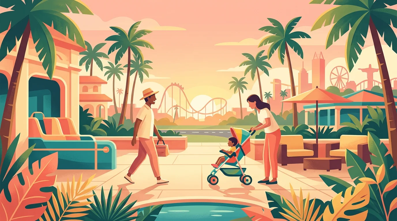 Ilustração de dois adultos com uma criança no carrinho, perto de uma atração de parque.