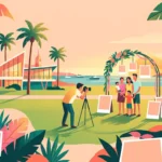 Ilustração de fotógrafo registrando uma família em um parque, cercada por molduras de fotos.