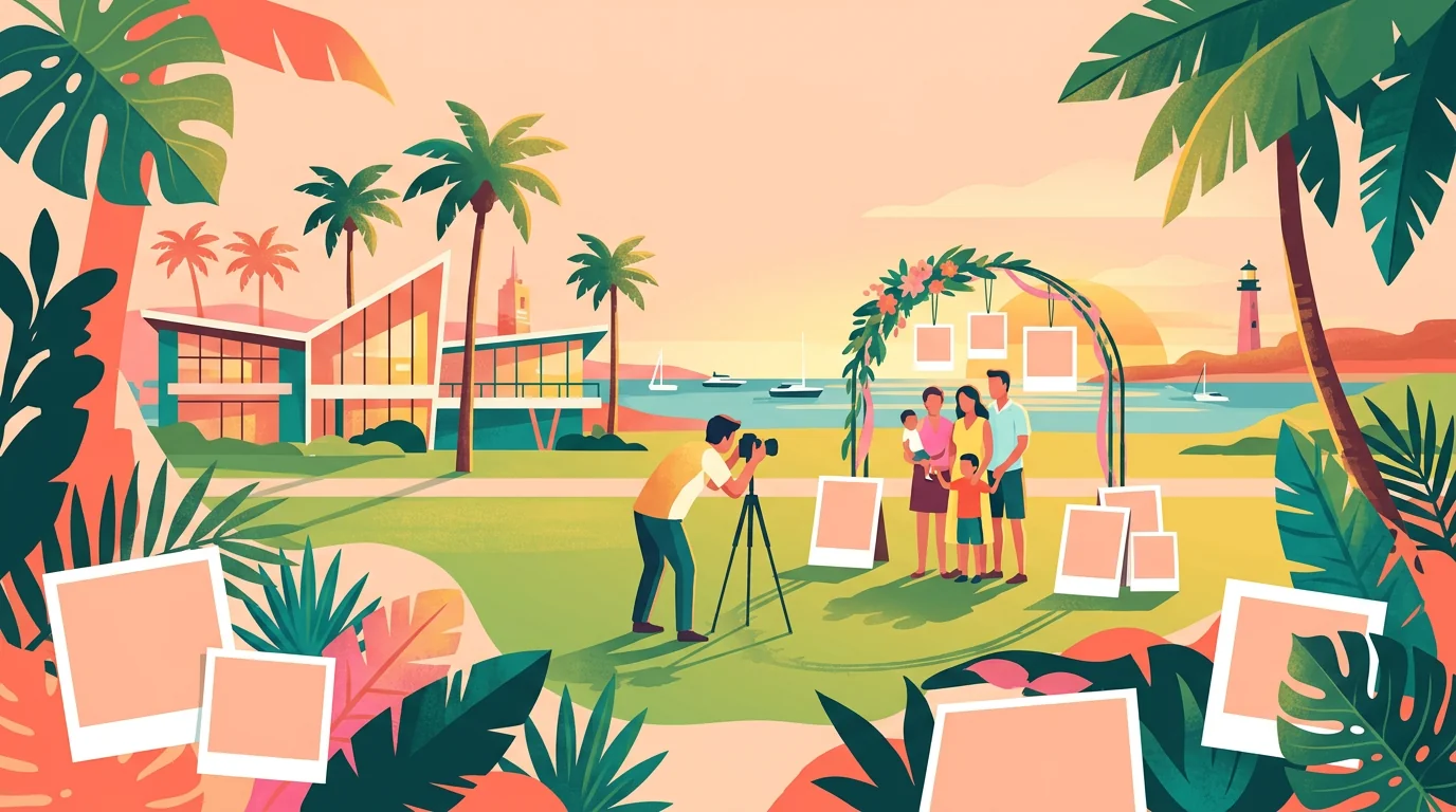 Ilustração de fotógrafo registrando uma família em um parque, cercada por molduras de fotos.