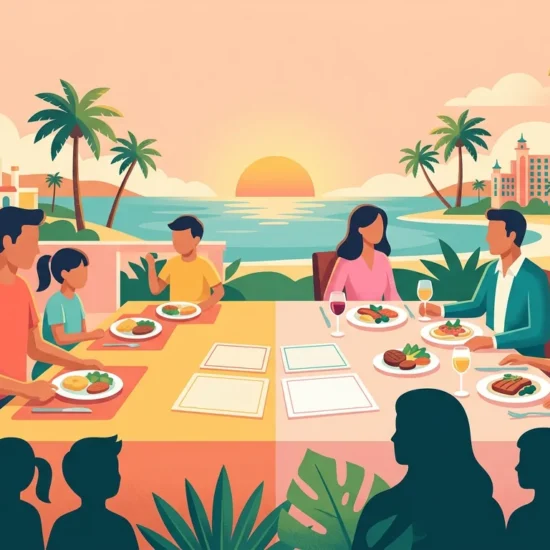 Ilustração de famílias compartilhando refeições em um restaurante com vista para uma lagoa.