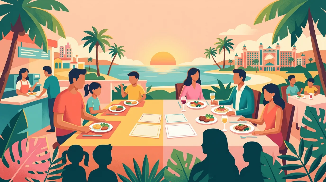 Ilustração de famílias compartilhando refeições em um restaurante com vista para uma lagoa.