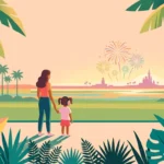 Ilustração de uma pessoa adulta e uma criança observando fogos de artifício à distância.