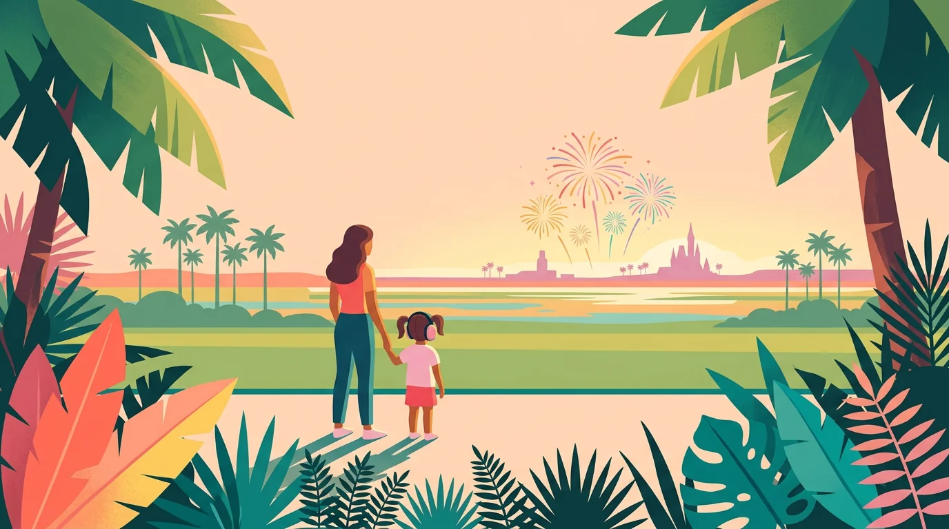 Ilustração de uma pessoa adulta e uma criança observando fogos de artifício à distância.