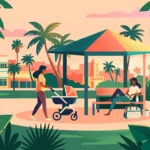 Ilustração de família com carrinho de bebê fazendo uma pausa em uma área coberta de parque.