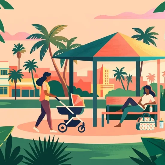 Ilustração de família com carrinho de bebê fazendo uma pausa em uma área coberta de parque.