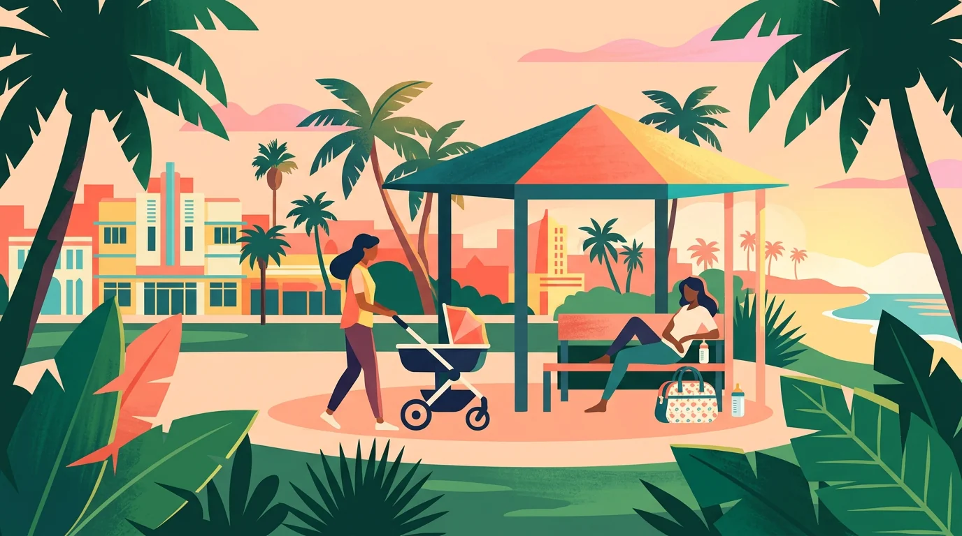 Ilustração de família com carrinho de bebê fazendo uma pausa em uma área coberta de parque.