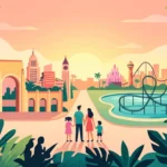 Ilustração conceitual de família diante de áreas temáticas urbanas e montanhas-russas.