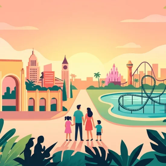 Ilustração conceitual de família diante de áreas temáticas urbanas e montanhas-russas.