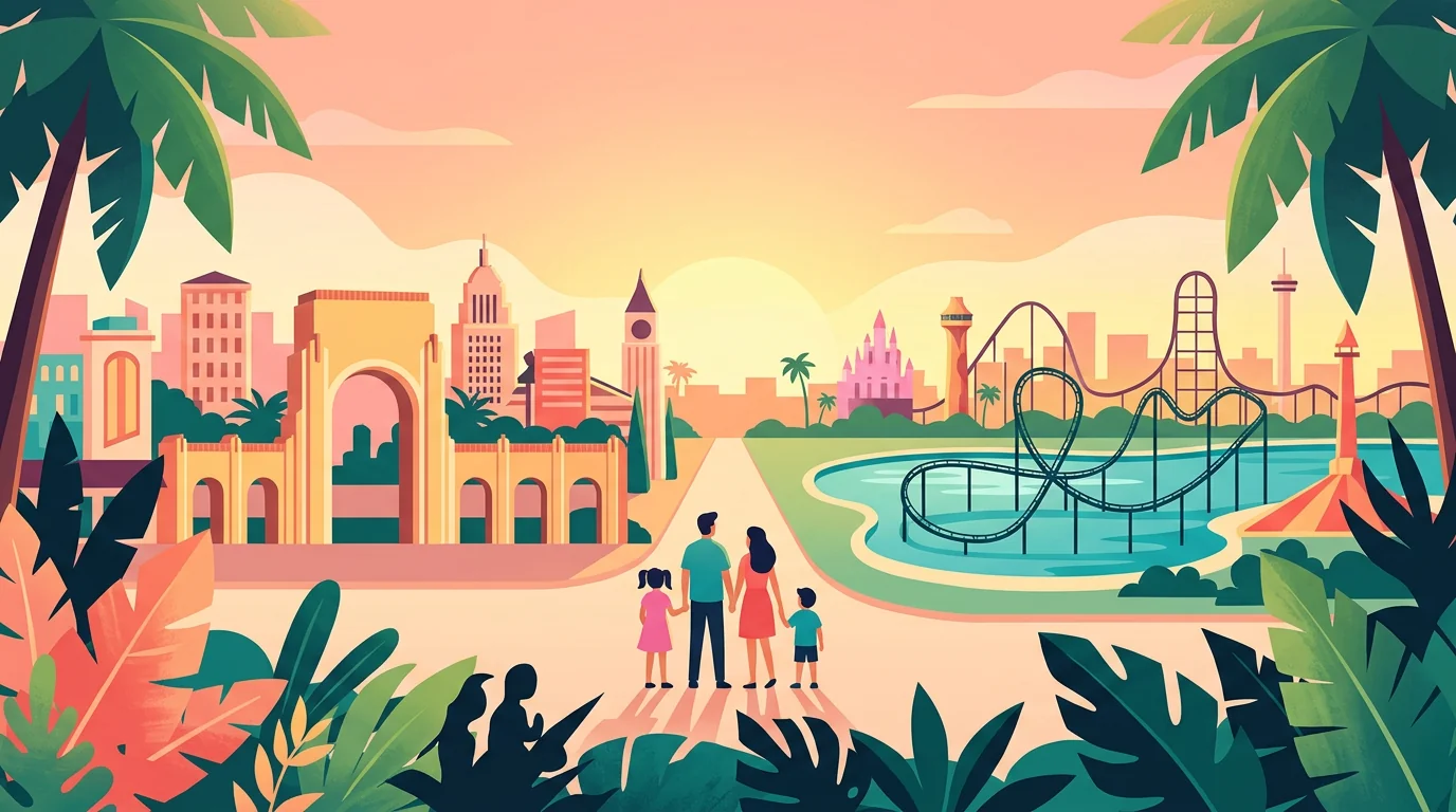 Ilustração conceitual de família diante de áreas temáticas urbanas e montanhas-russas.