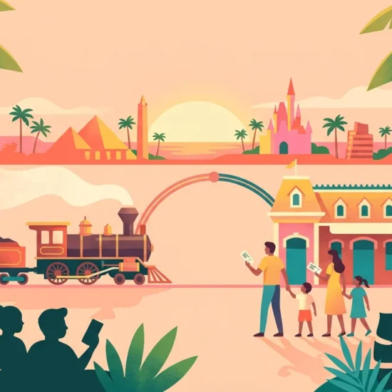 Ilustração conceitual de família junto a uma estação e um trem em um parque temático.