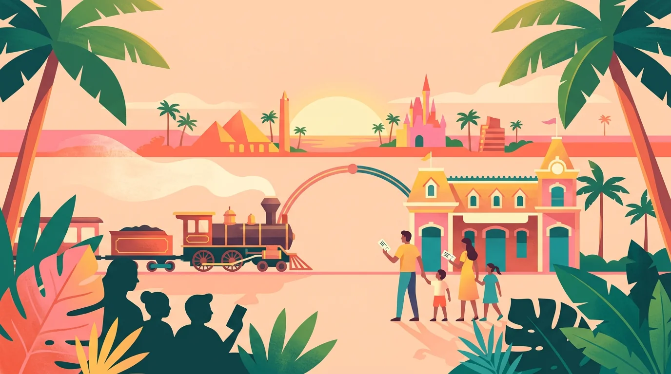 Ilustração conceitual de família junto a uma estação e um trem em um parque temático.