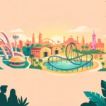 Ilustração conceitual de áreas temáticas com portais, montanha-russa e paisagem tropical.