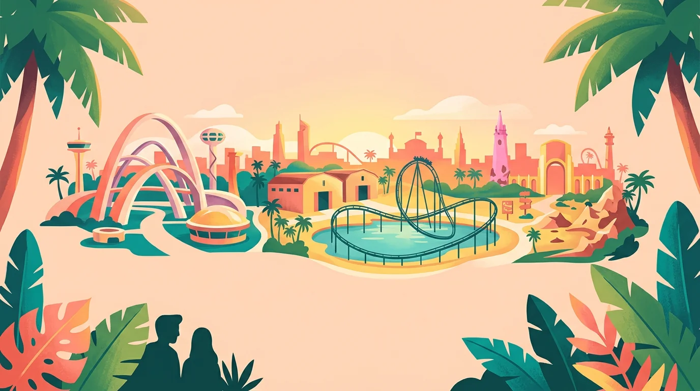 Ilustração conceitual de áreas temáticas com portais, montanha-russa e paisagem tropical.