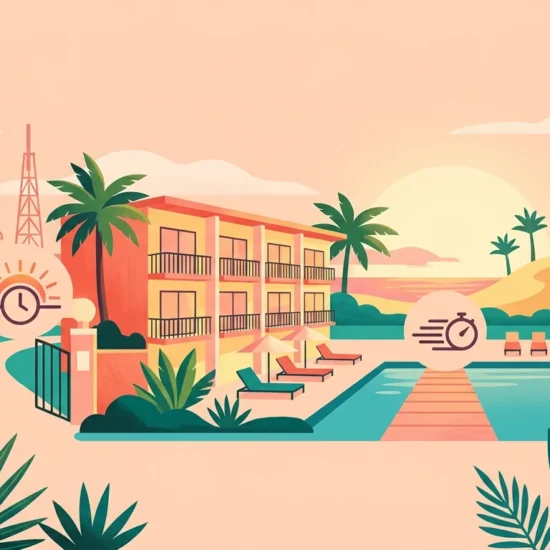 Ilustração conceitual de hotéis junto a uma lagoa e atrações de parque ao fundo.