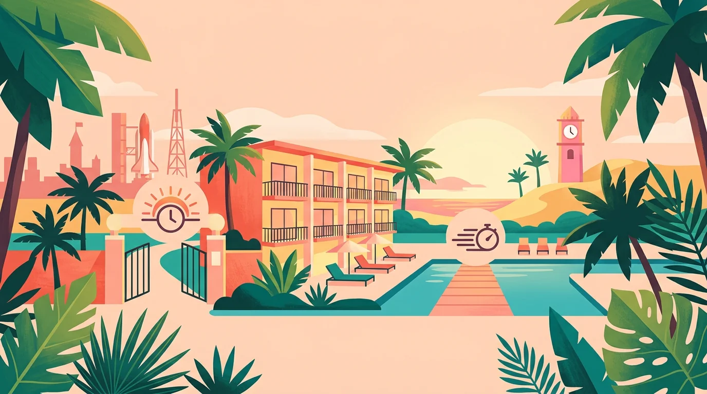 Ilustração conceitual de hotéis junto a uma lagoa e atrações de parque ao fundo.