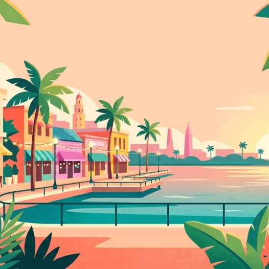 Ilustração de restaurantes e lojas coloridas ao longo de uma orla com palmeiras.