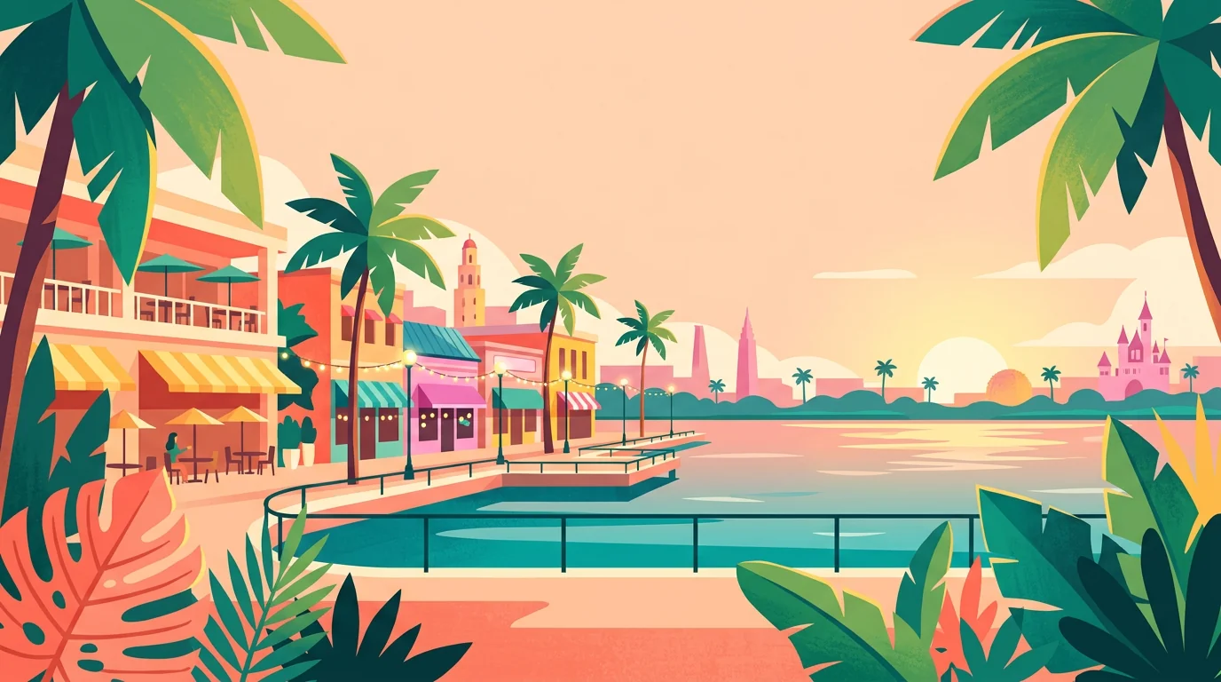 Ilustração de restaurantes e lojas coloridas ao longo de uma orla com palmeiras.