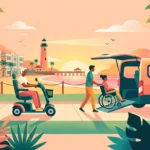 Ilustração de viajantes com scooter e cadeira de rodas próximos a uma van acessível.