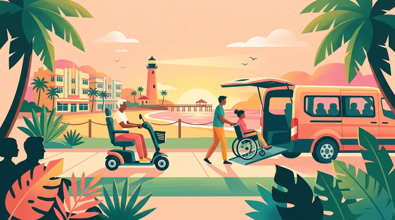 Ilustração de viajantes com scooter e cadeira de rodas próximos a uma van acessível.