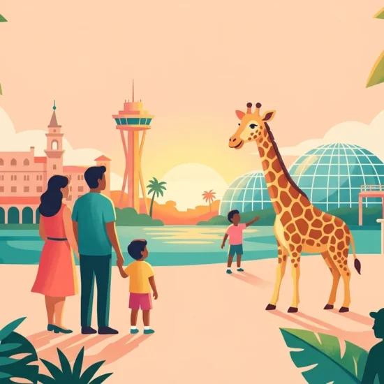Ilustração de família observando à distância uma figura de girafa em um parque temático.