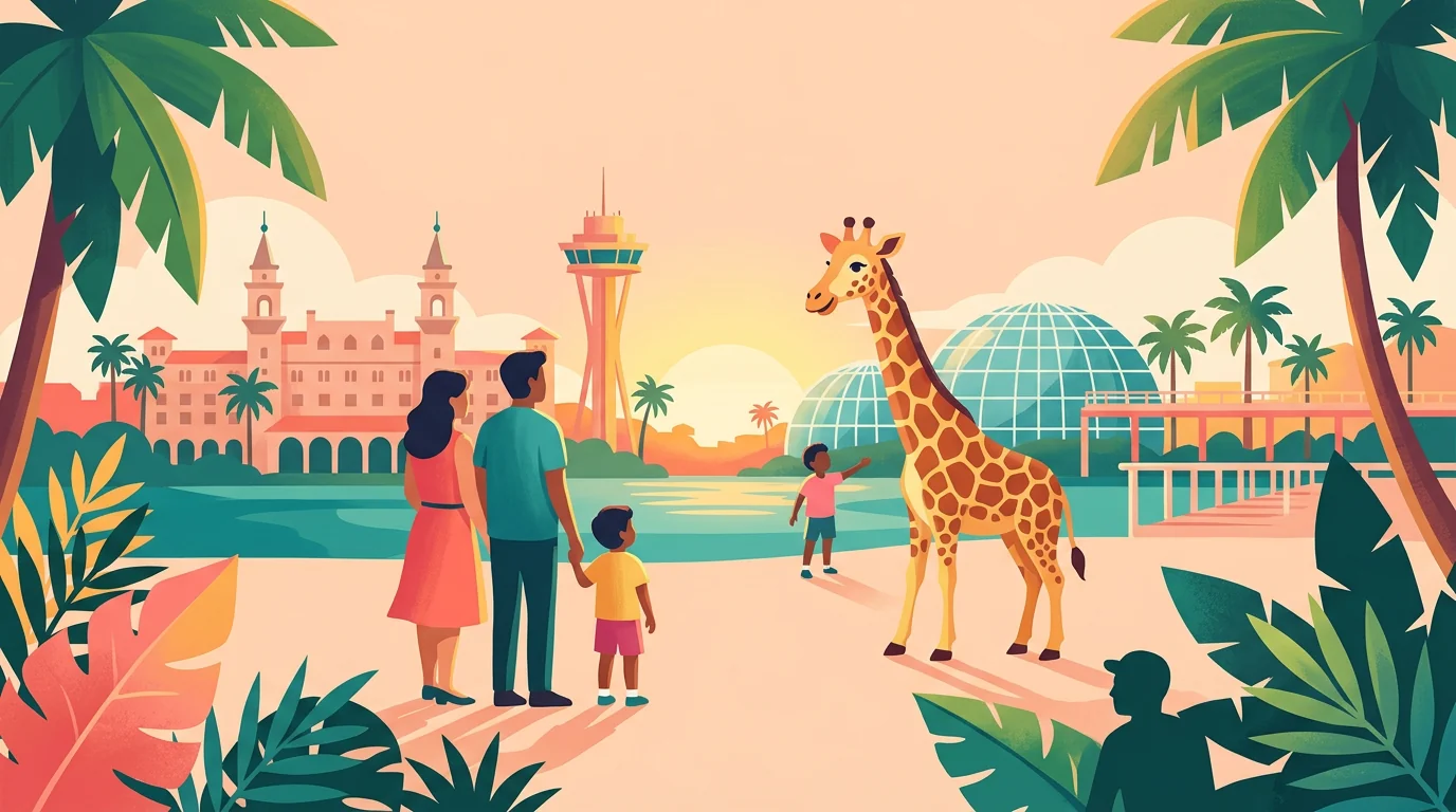 Ilustração de família observando à distância uma figura de girafa em um parque temático.