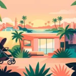 Ilustração de carrinho de bebê perto de um hotel, com um espetáculo noturno ao fundo.