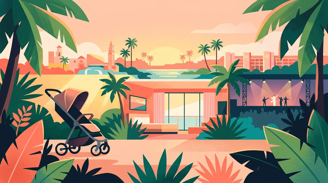 Ilustração de carrinho de bebê perto de um hotel, com um espetáculo noturno ao fundo.