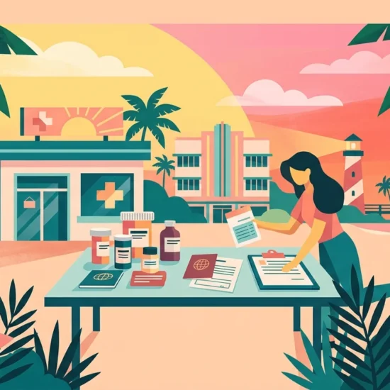 Ilustração de uma farmácia e de viajante organizando documentos e medicamentos para a viagem.