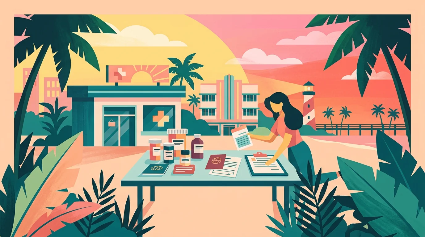Ilustração de uma farmácia e de viajante organizando documentos e medicamentos para a viagem.