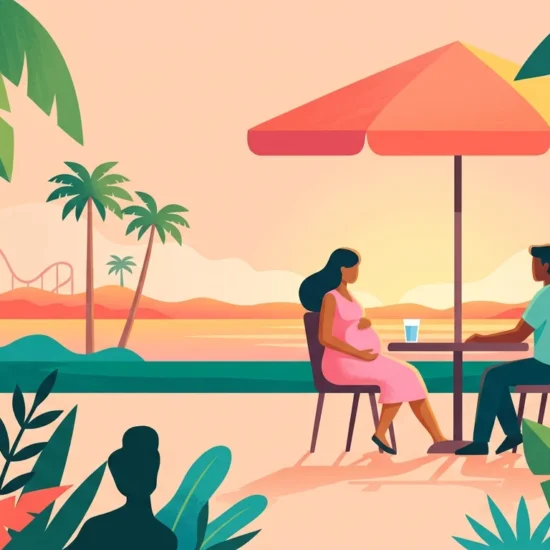 Ilustração de gestante descansando à sombra de um guarda-sol com um acompanhante.