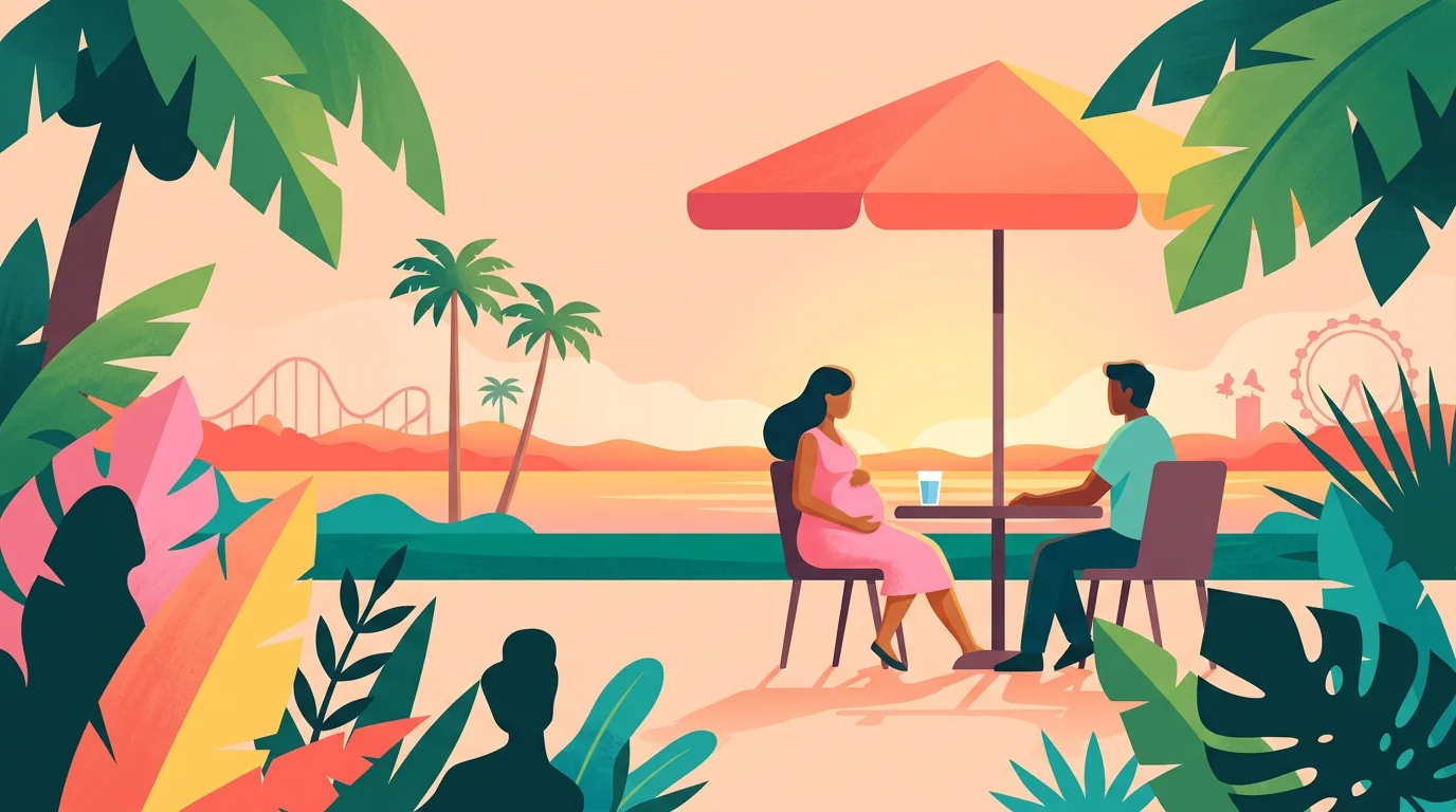 Ilustração de gestante descansando à sombra de um guarda-sol com um acompanhante.